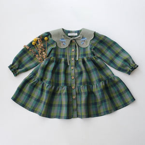 Moss Green Check Linen Long Sleeve Tiered Dress with Petal Collar in Green Smoke Linen with "Blue Mushrooms" Embroidery