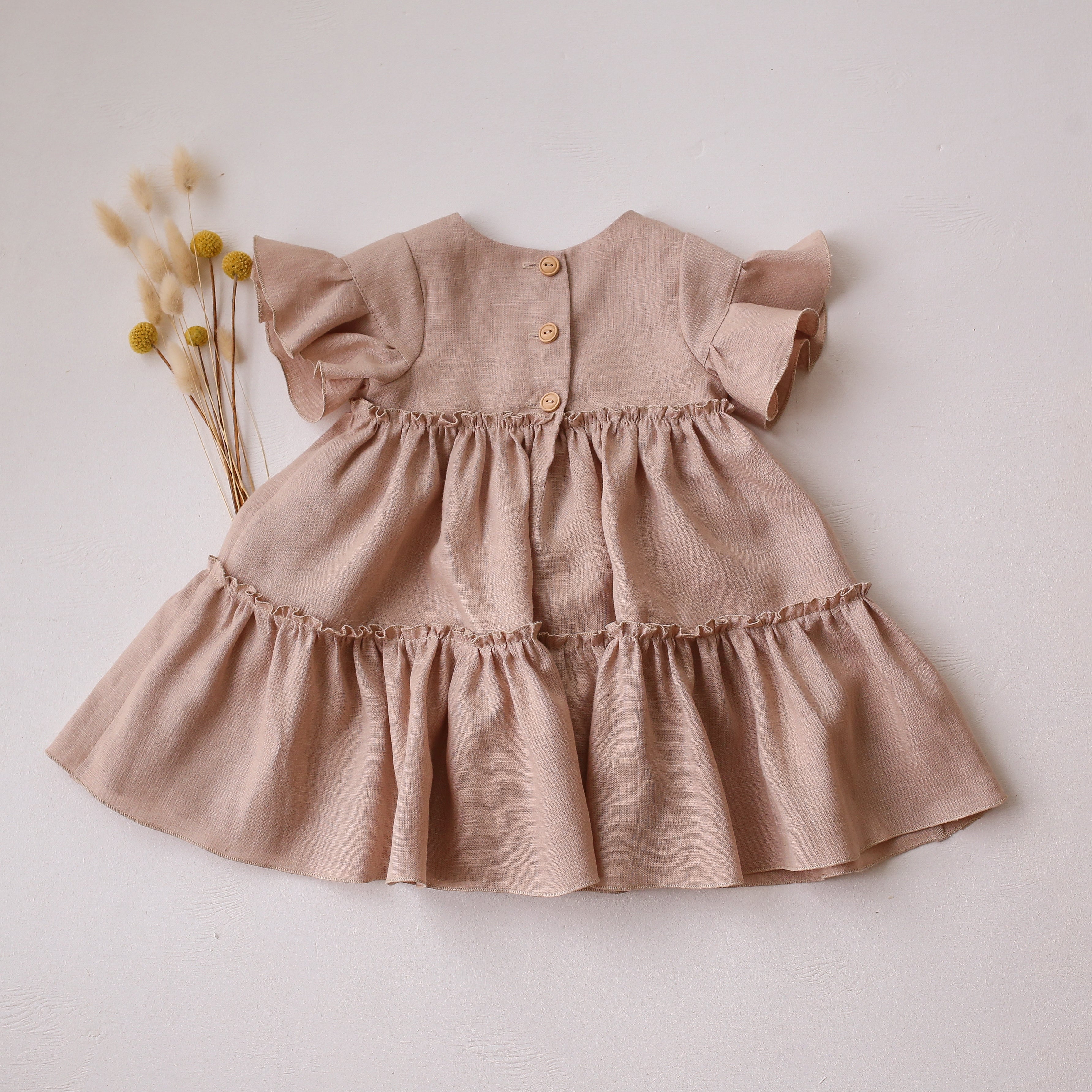 Beige Linen Flounce Sleeve Tiered Dress with "Poppy Meadow" Embroidery