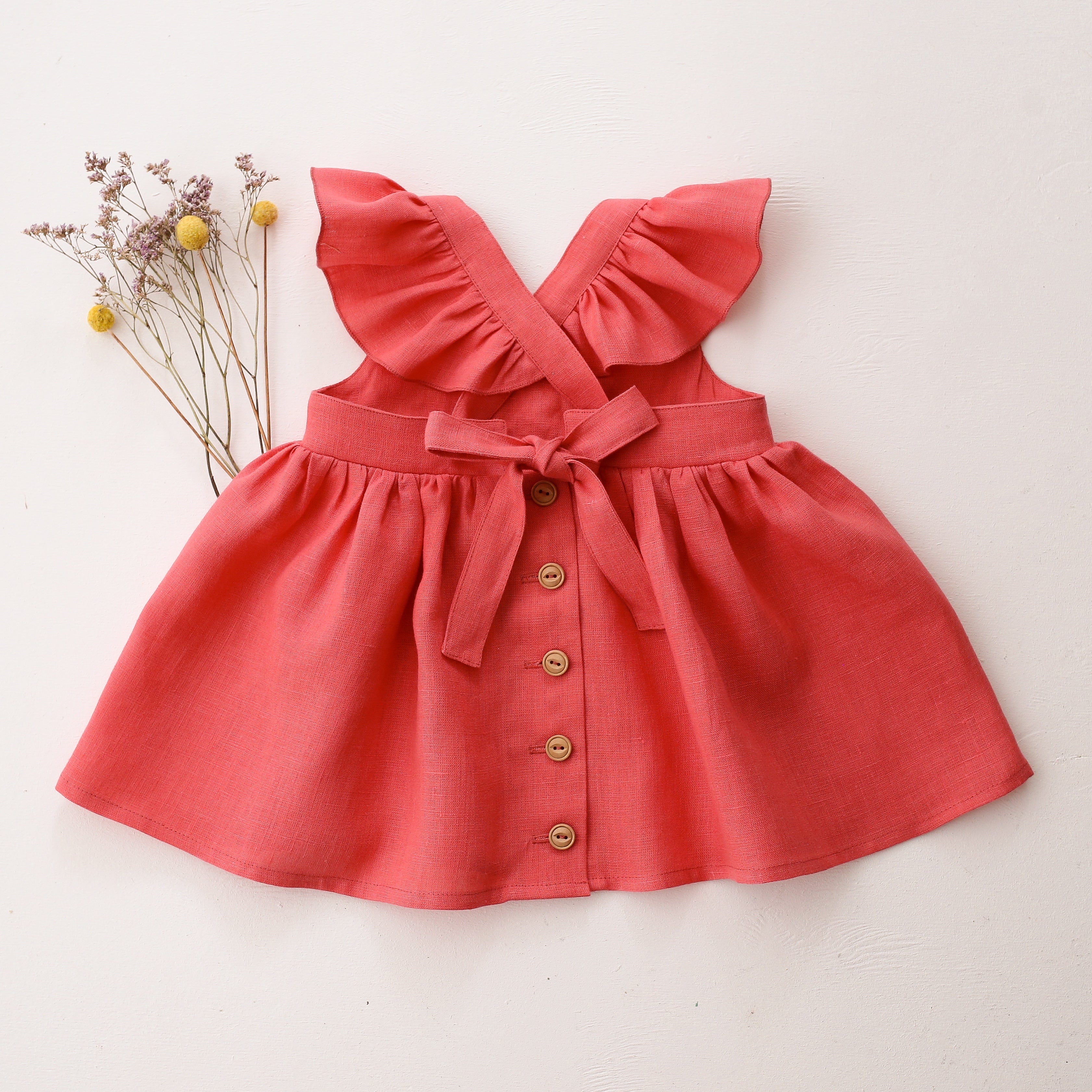 Coral Linen Flutter Straps Top with “Meadow Trio” Embroidery