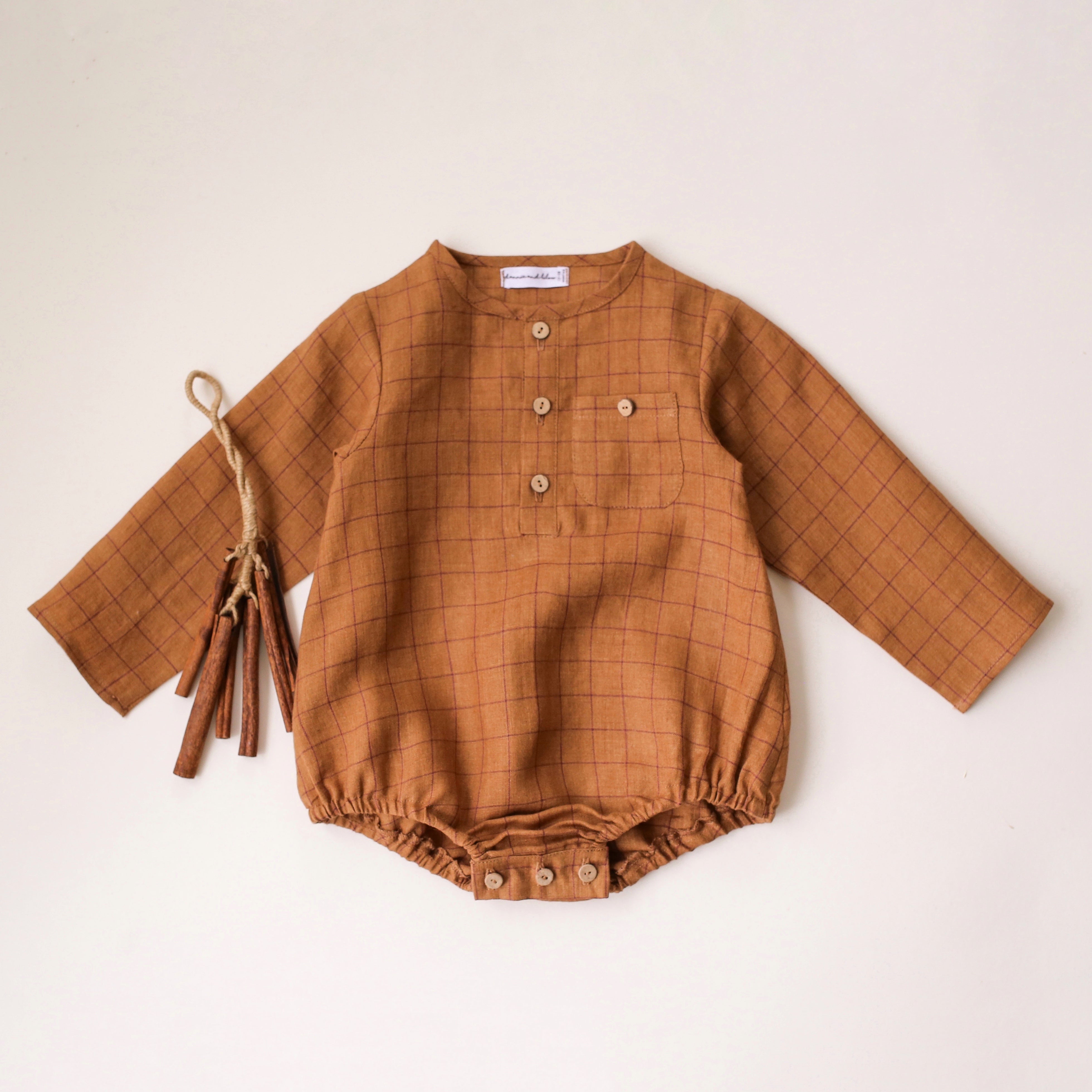 Copper Check Long Sleeve Bubble Onesie with Pocket