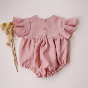 Powder Linen Flounce Sleeve Bubble Playsuit with “Wildflowers with Butterfly” Embroidery