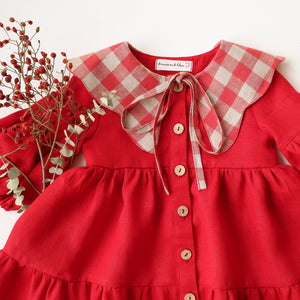 Scarlet Red Linen Lantern Sleeve Tiered Dress with Scalloped Collar in Cherry Check Linen