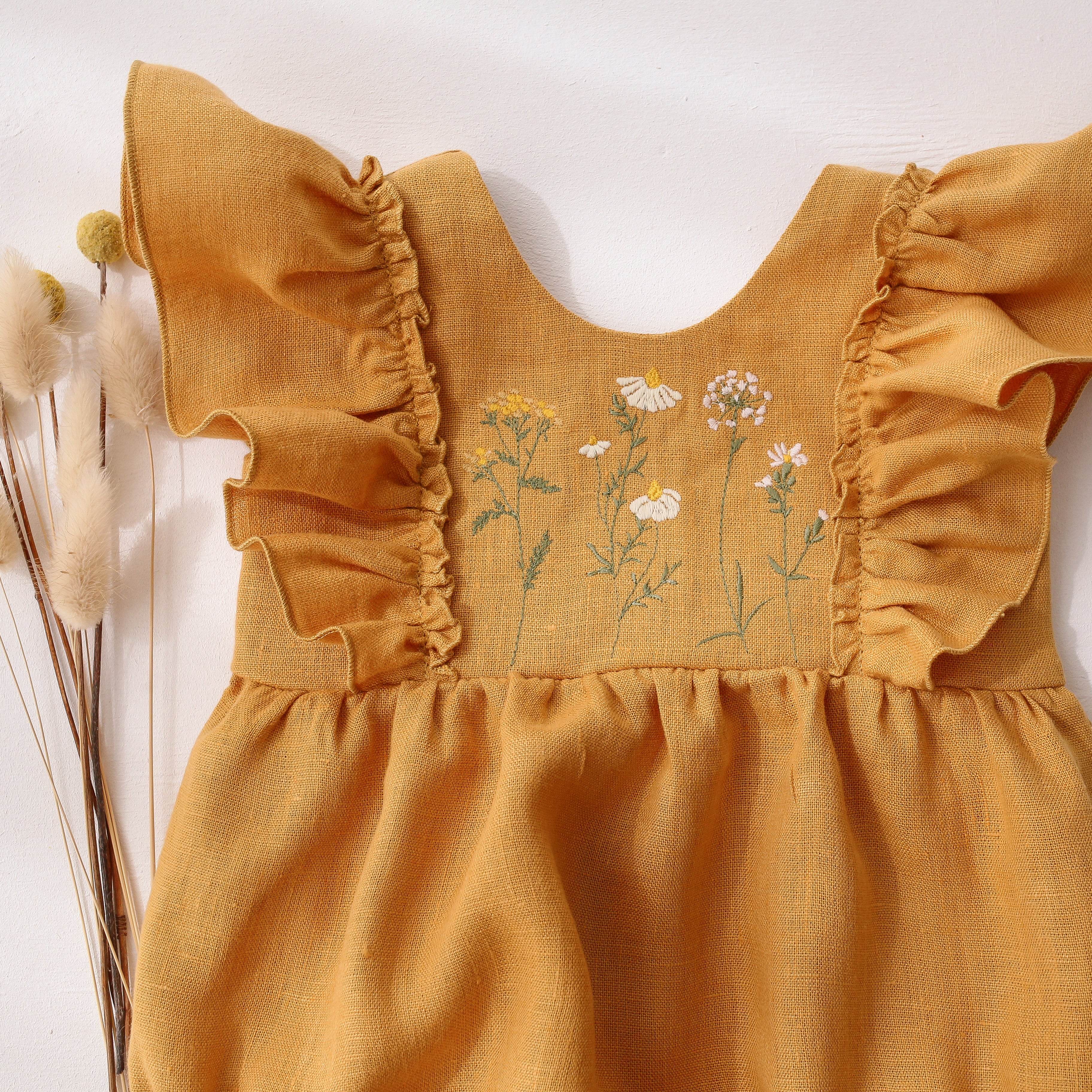 Amber Linen Ruffled Front Bubble Playsuit with “Chamomile Flowers” Embroidery