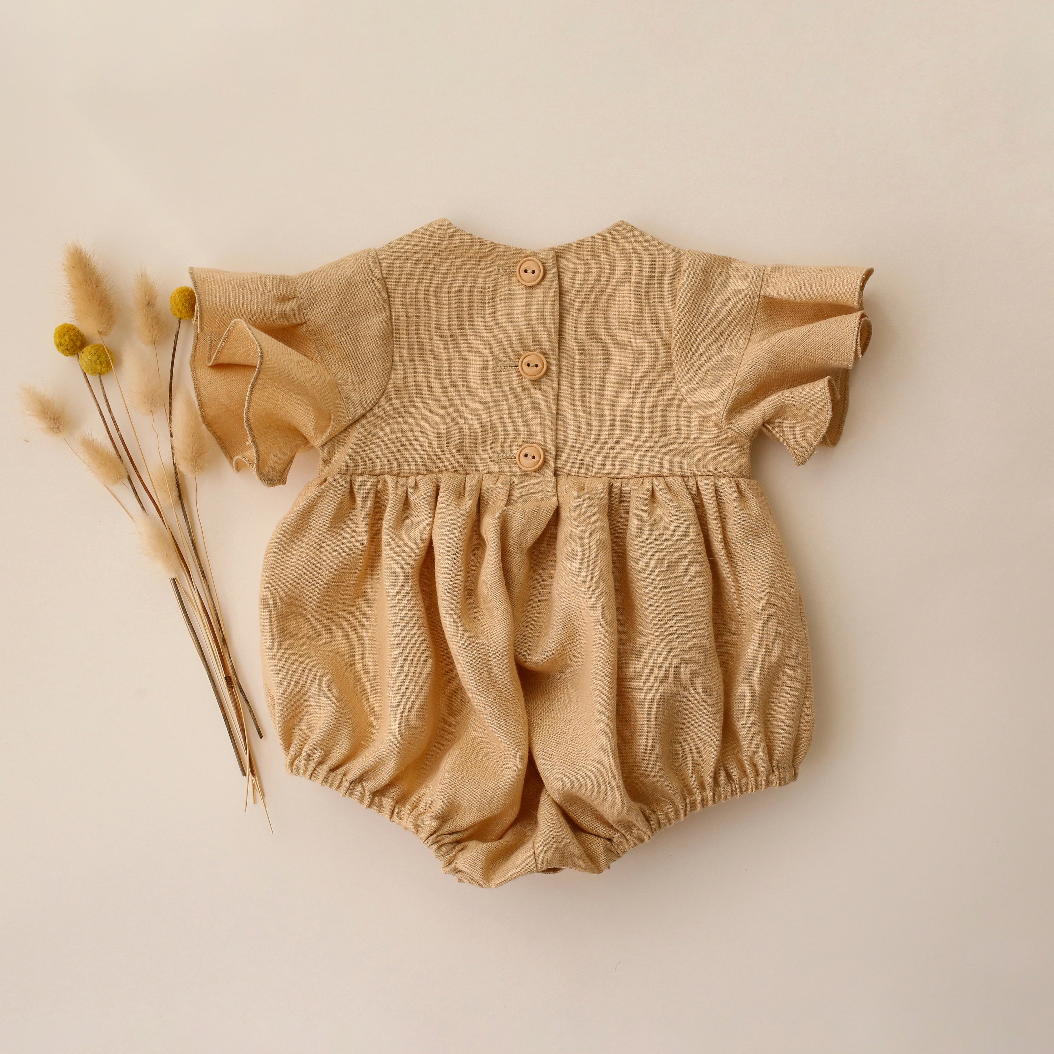 Melon Linen Flounce Sleeve Bubble Playsuit with “Wildflowers with Butterfly” Embroidery