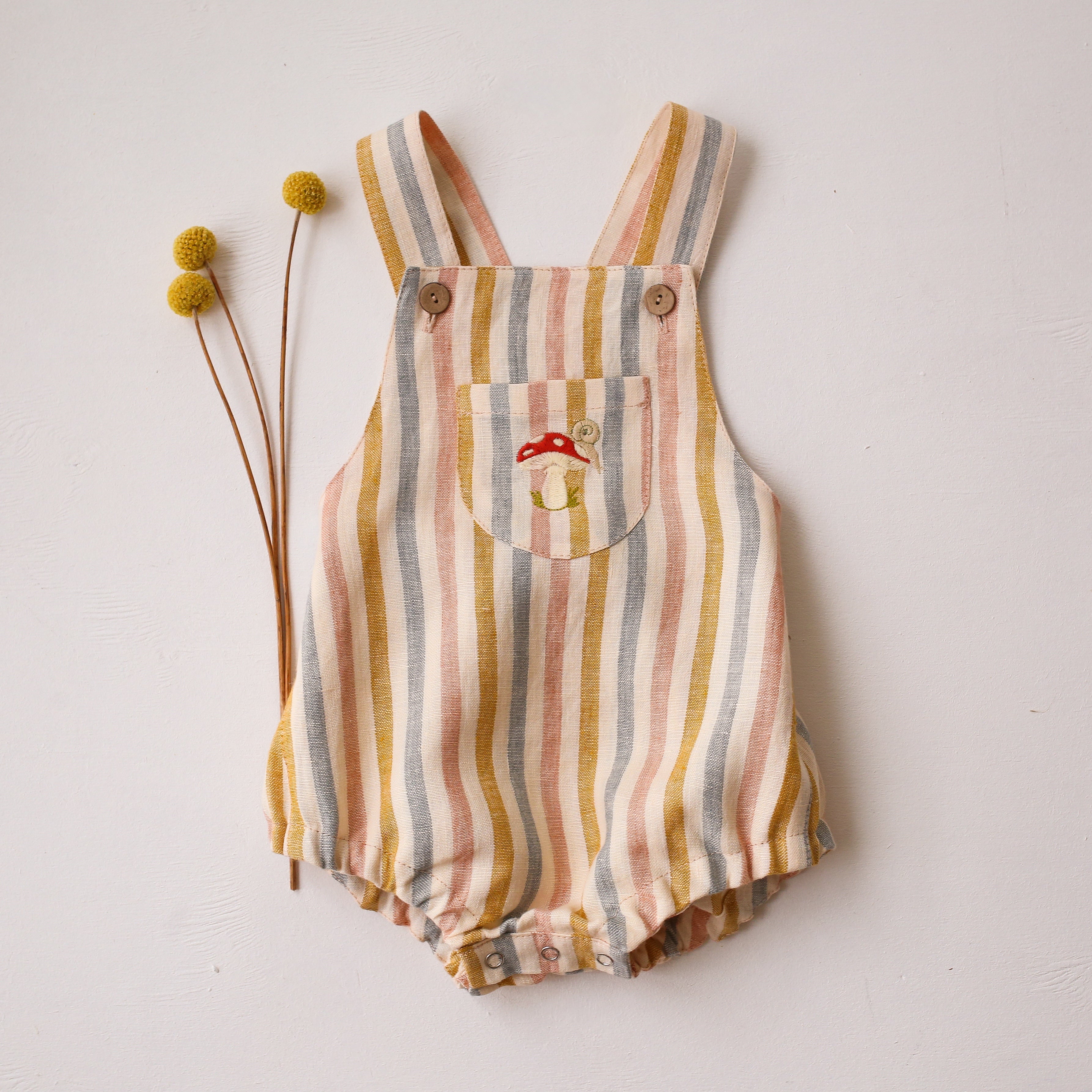 Rainbow Linen Front Pocket Straps Romper with "Toadstool with Snail" Embroidery