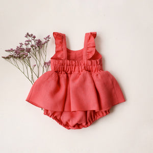 Coral Linen Flutter Sleeve Bubble Playsuit with Skirt with "Romantic Field" Embroidery