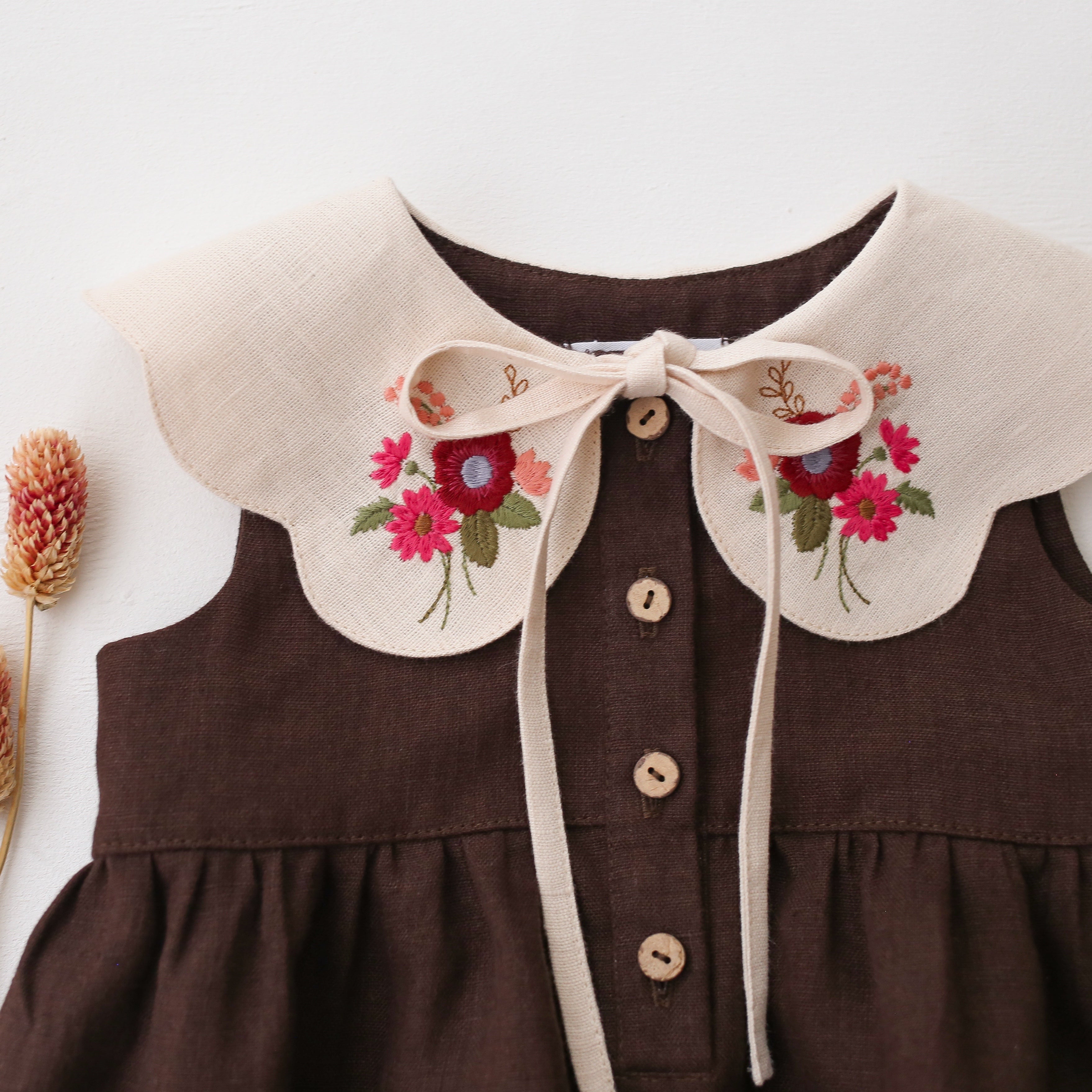 Dark Brown Linen Bubble Playsuit with Petal Collar in Ivory Linen with "Meadow Posy" Embroidery