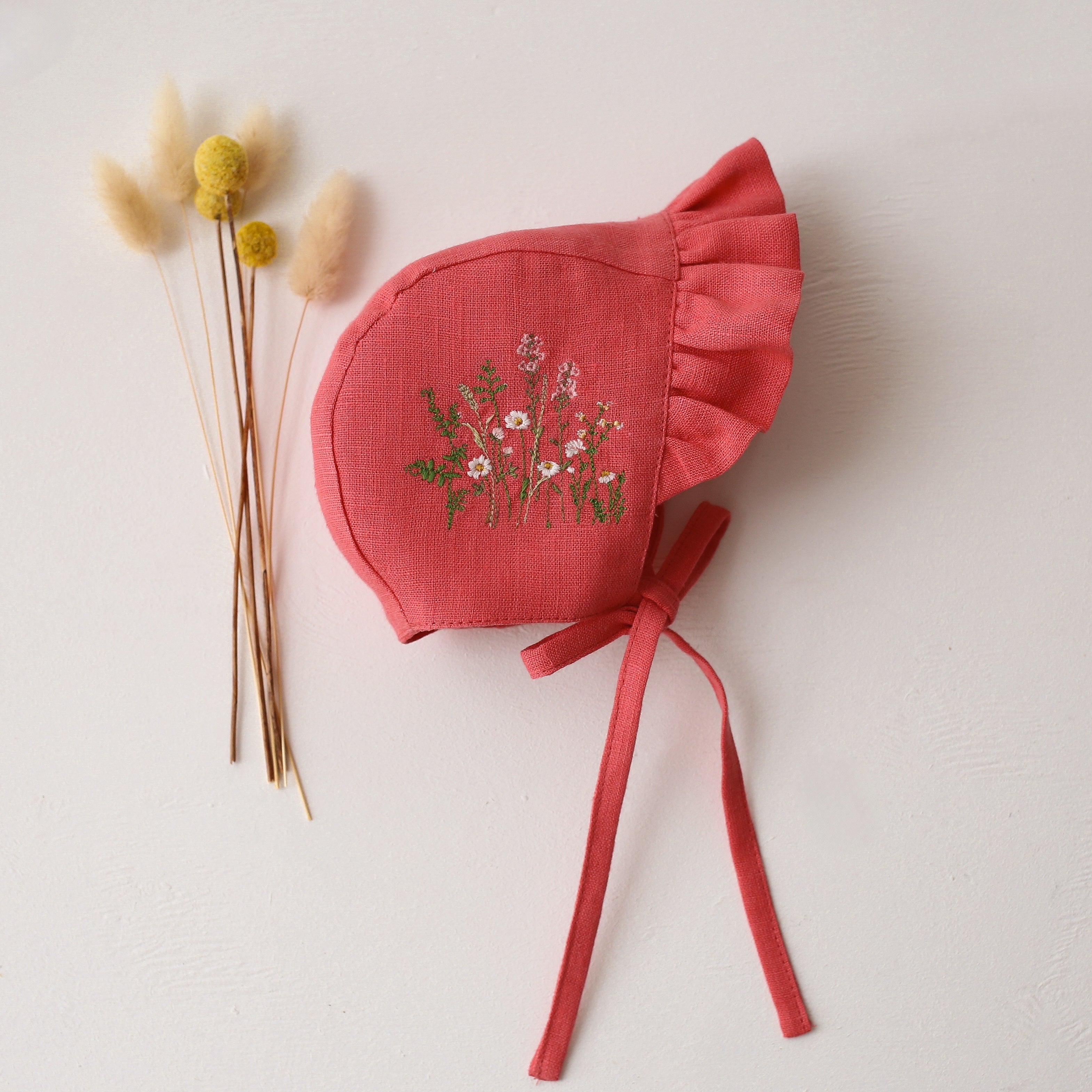 Coral Linen Ruffle Brimmed Bonnet with “Romantic Field” Embroidery