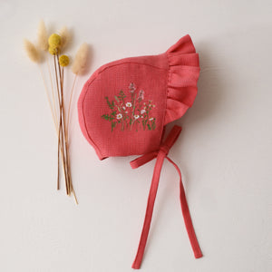 Coral Linen Ruffle Brimmed Bonnet with “Romantic Field” Embroidery