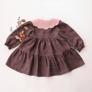 Plum Check Linen Long Sleeve Tiered Dress with Petal Collar in Powder Linen with "Little Fox" Embroidery