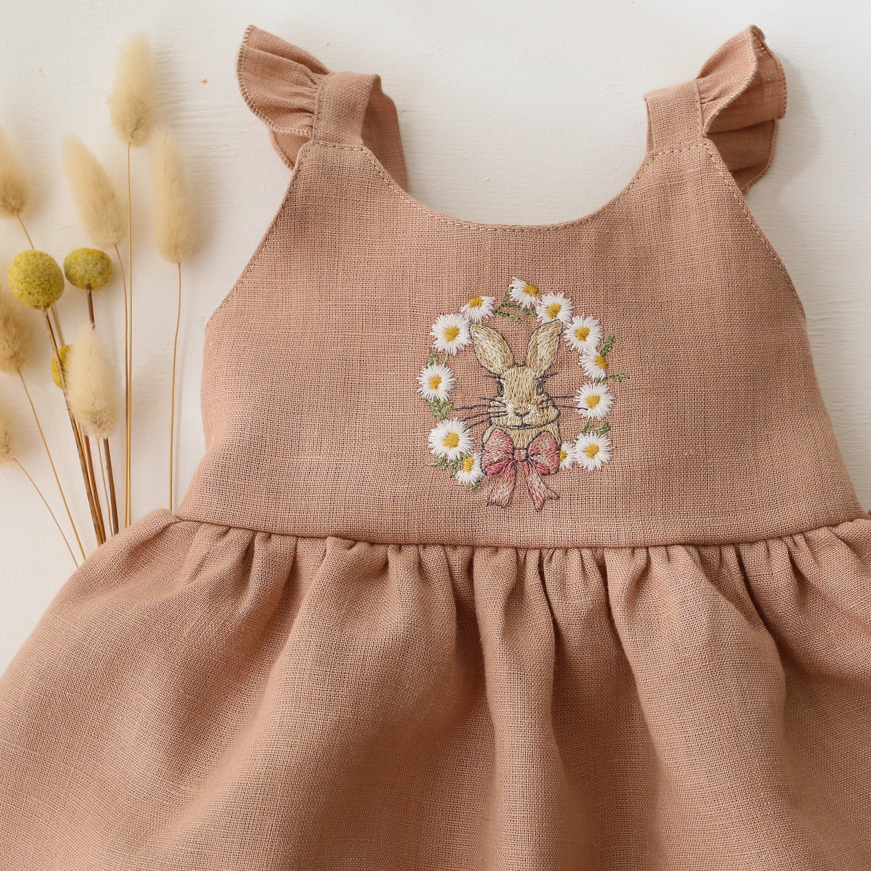 Clay Linen Flutter Sleeve Bubble Playsuit with Skirt with "Bunny in Daisy Wreath" Embroidery