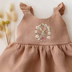 Clay Linen Flutter Sleeve Bubble Playsuit with Skirt with "Bunny in Daisy Wreath" Embroidery