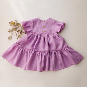 Wisteria Linen Flounce Sleeve Tiered Dress with "Wildflowers with Butterfly" Embroidery