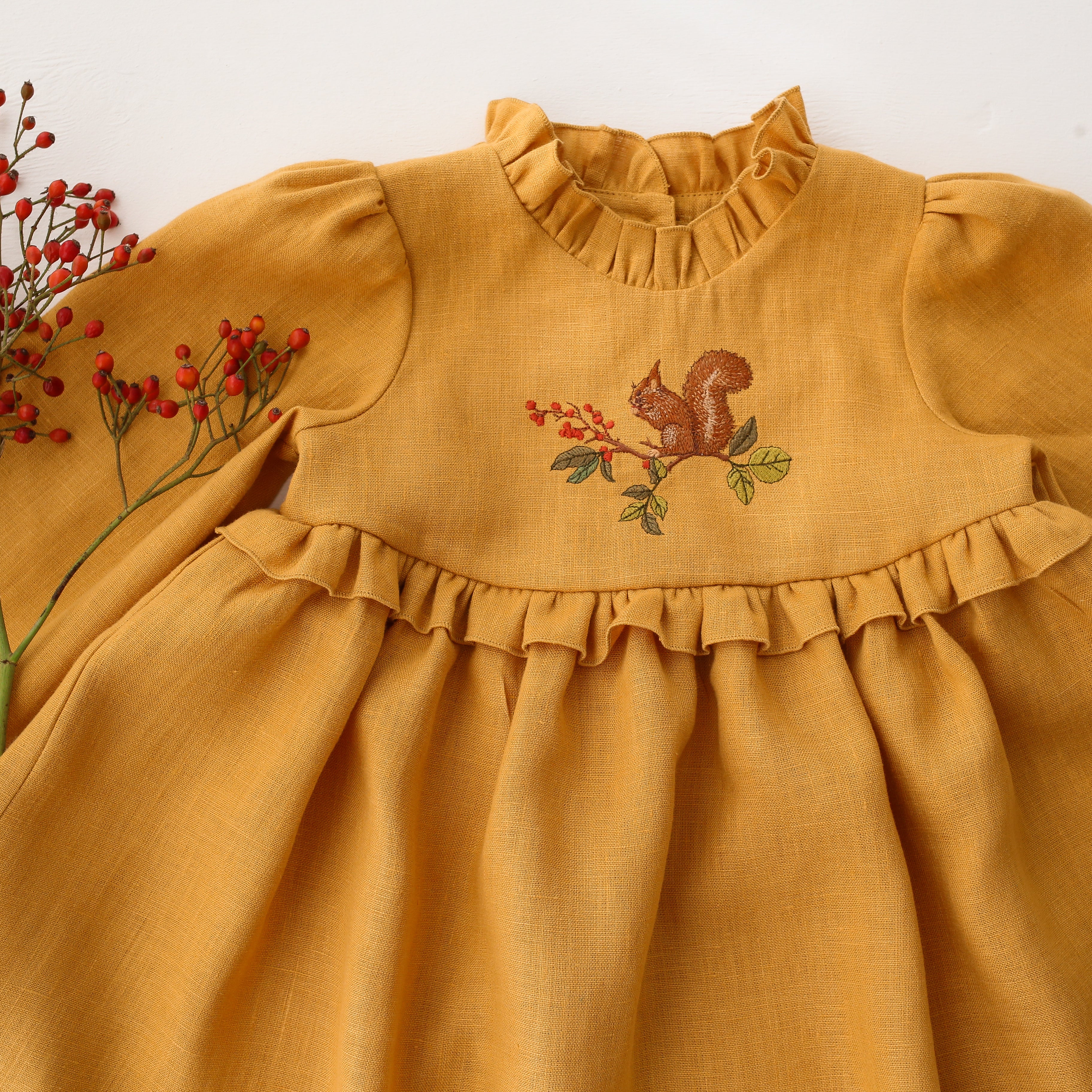 Amber Linen Long Sleeve Circle Skirt Frills Dress with "Squirrel on Berry Branch" Embroidery