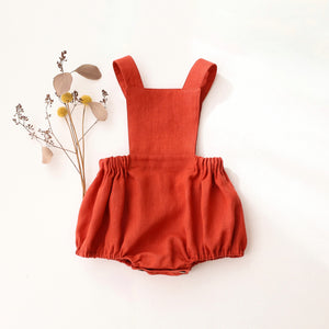 Paprika Linen Pinafore Romper with “Dandelion & Squirrel” Embroidery