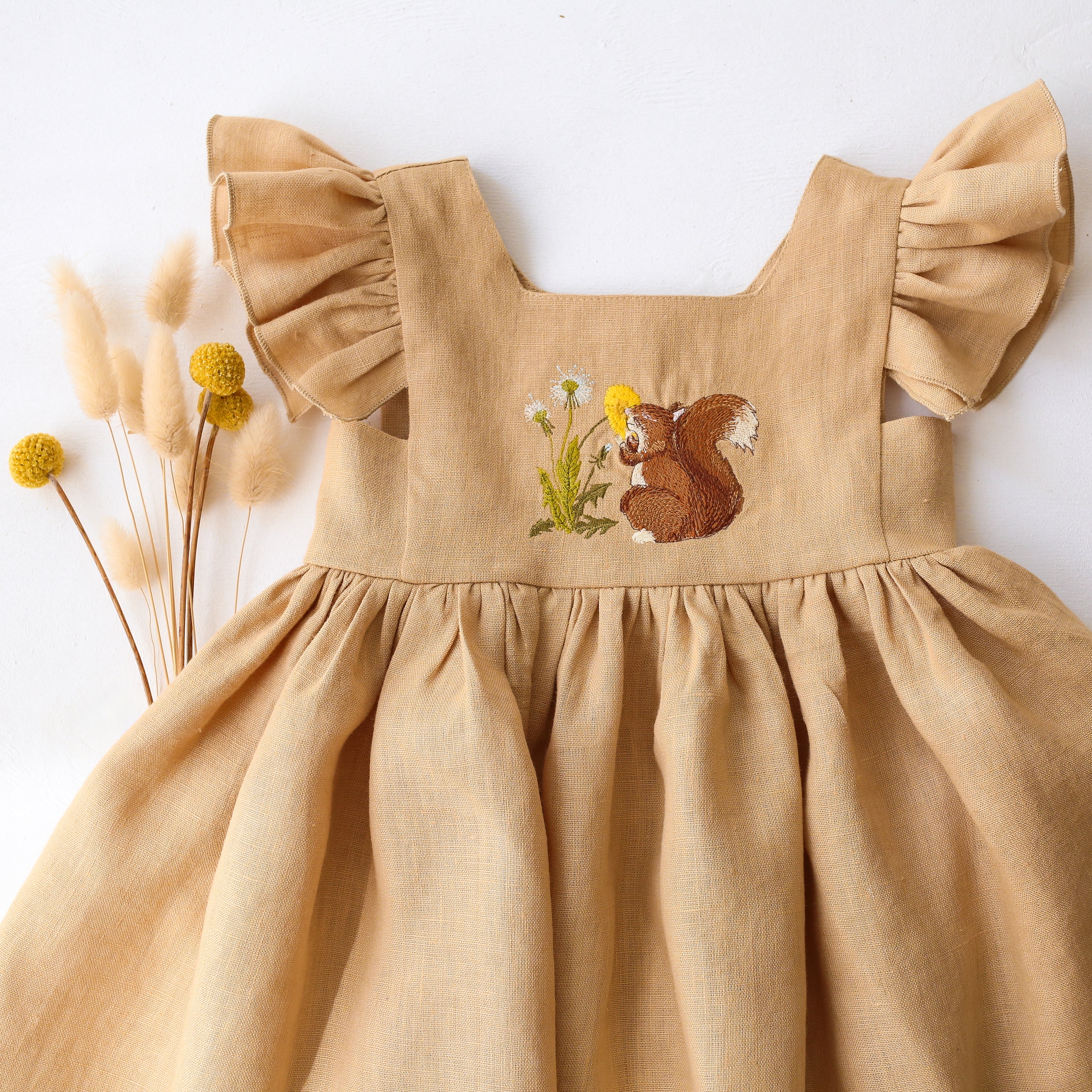 Melon Linen Flutter Sleeve Square Neckline Dress with "Dandelion & Squirrel" Embroidery