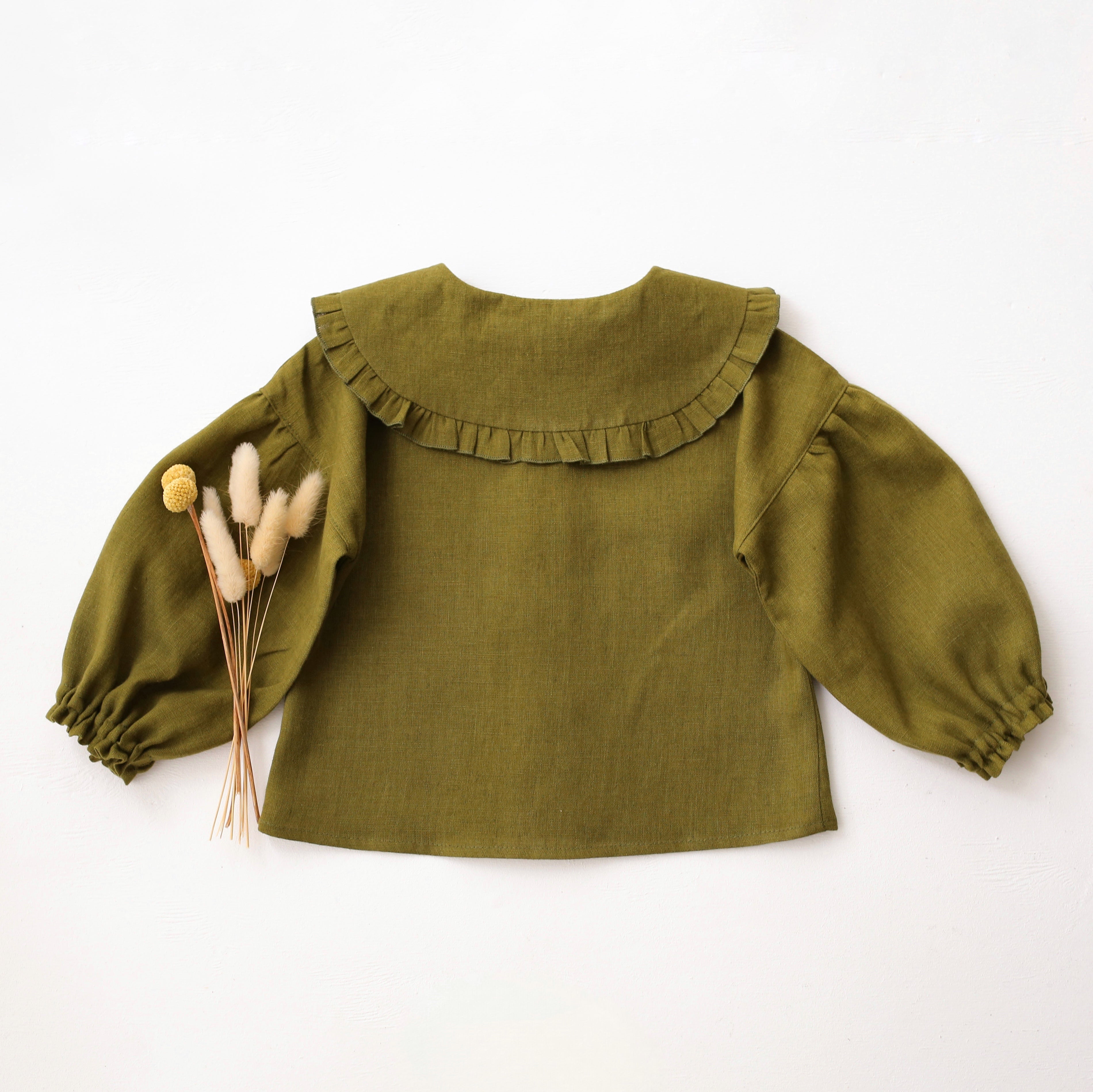Pine Linen Frilled Collar Bubble Sleeve Blouse