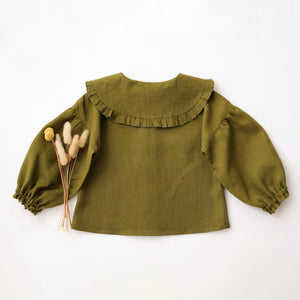 Pine Linen Frilled Collar Bubble Sleeve Blouse