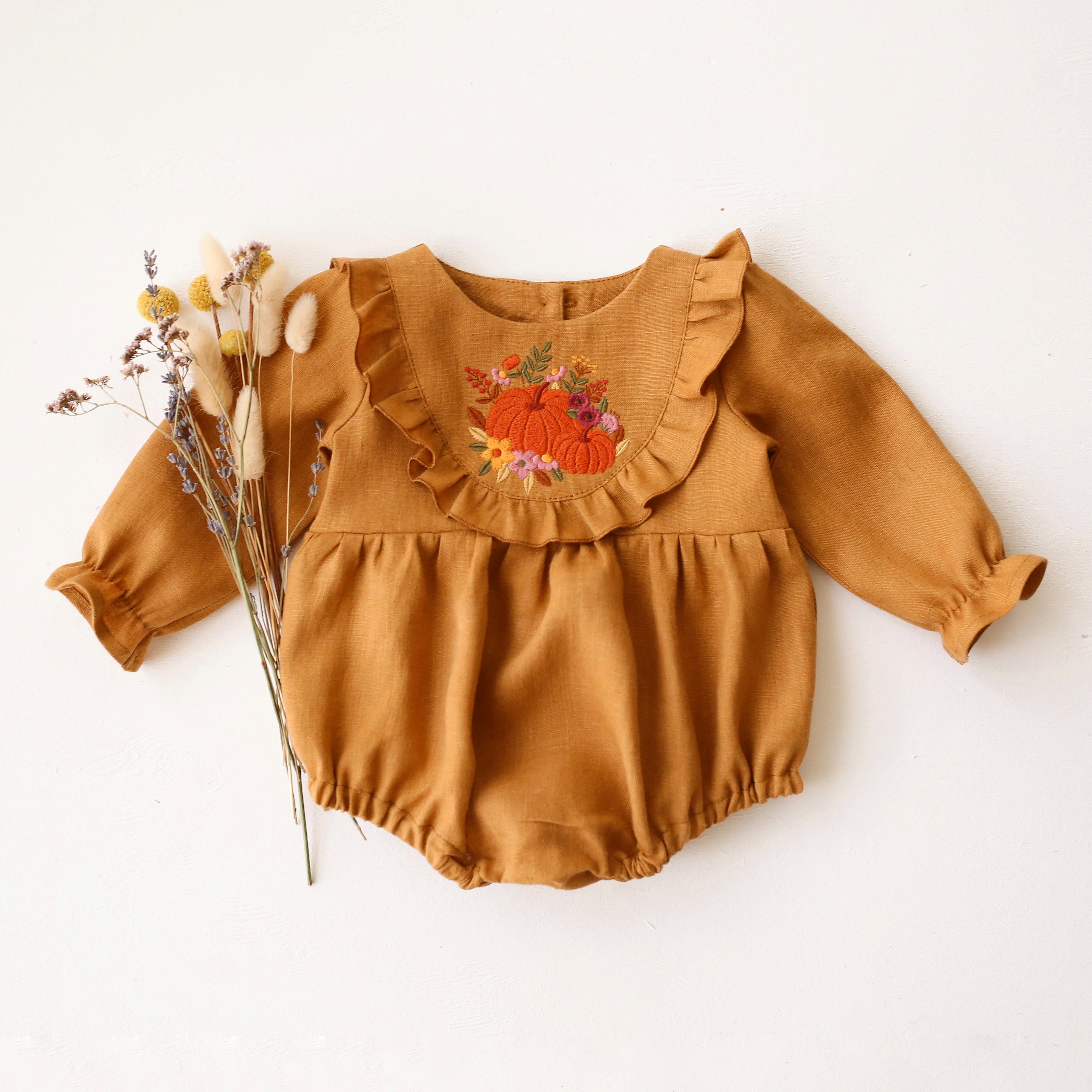 Mustard Linen Long Sleeve Ruffled Bodice Bubble Playsuit with “Floral Pumpkin” Embroidery