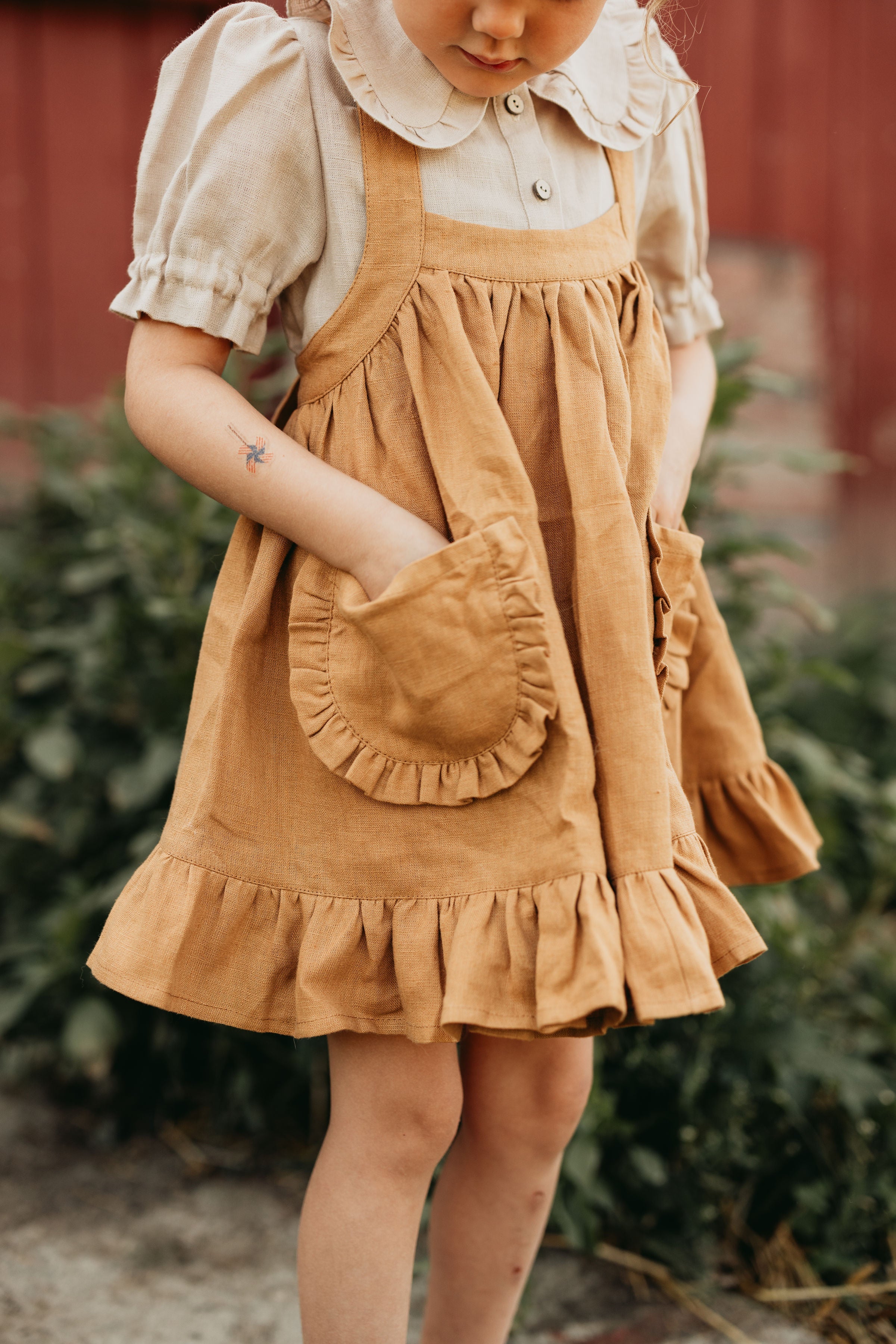 Blush & Cream Gingham Linen Straps Pinafore with Frills