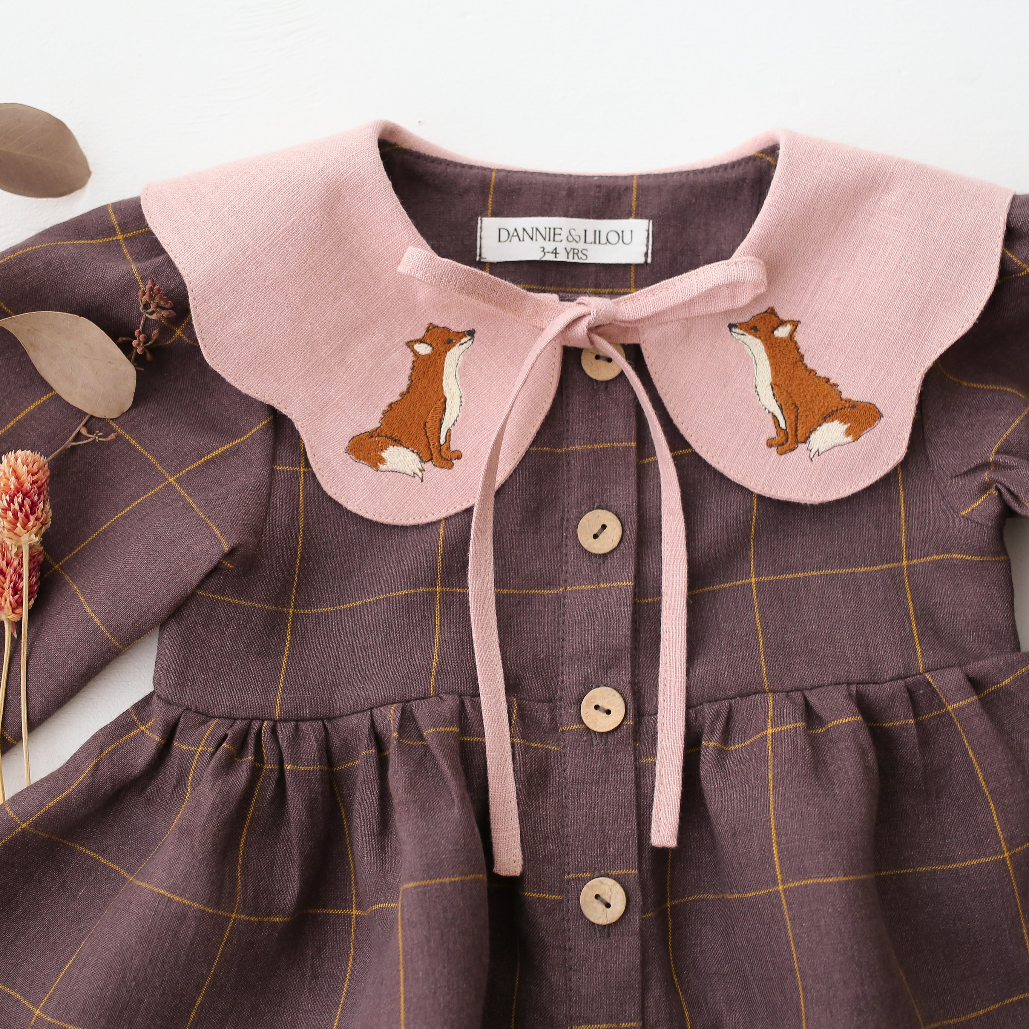 Plum Check Linen Long Sleeve Tiered Dress with Petal Collar in Powder Linen with "Little Fox" Embroidery