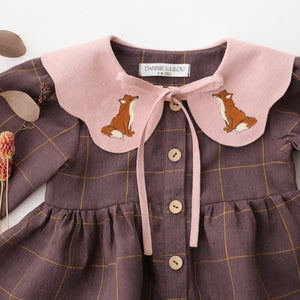 Plum Check Linen Long Sleeve Tiered Dress with Petal Collar in Powder Linen with "Little Fox" Embroidery