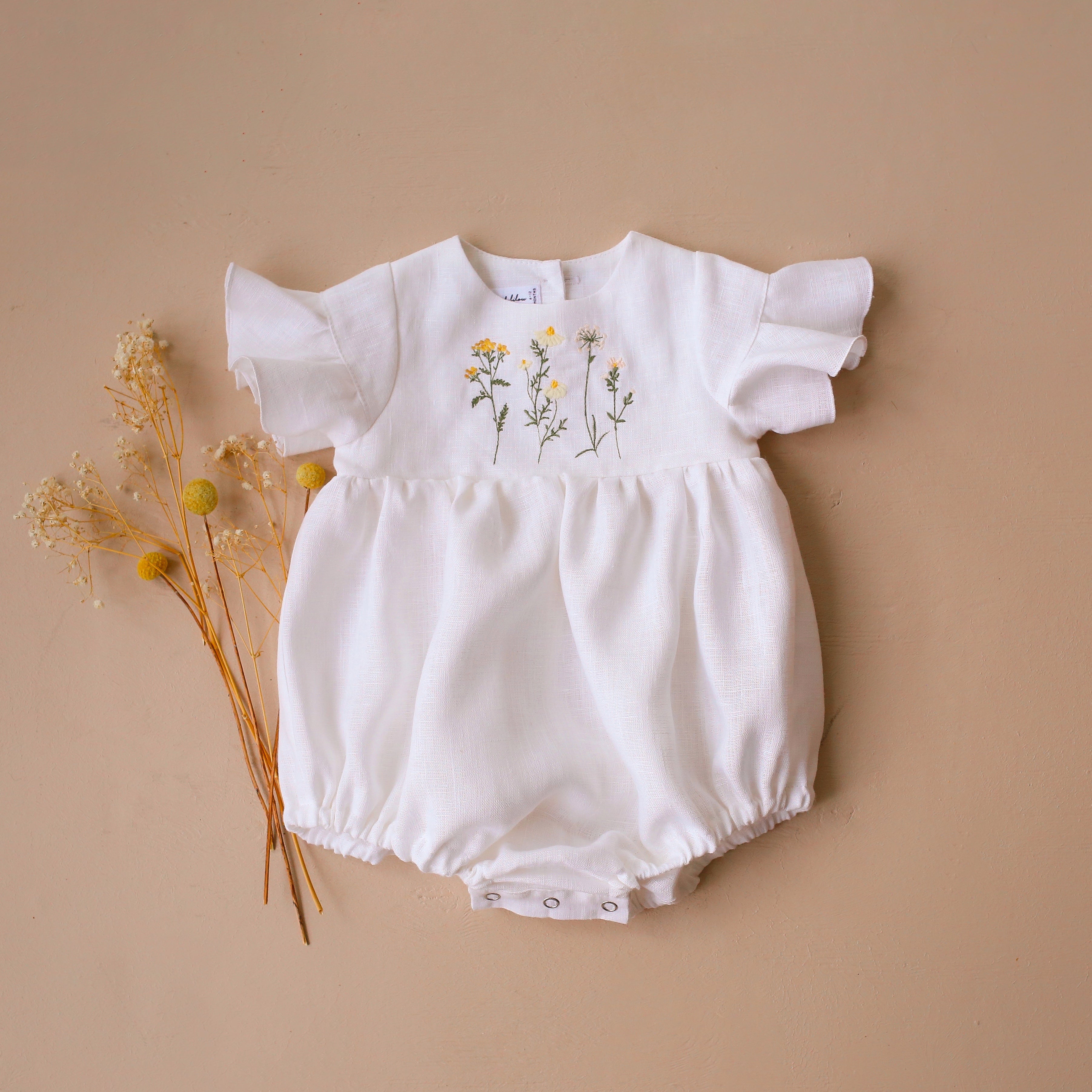 Milk Linen Flounce Sleeve Bubble Playsuit with “Chamomile Flowers” Embroidery