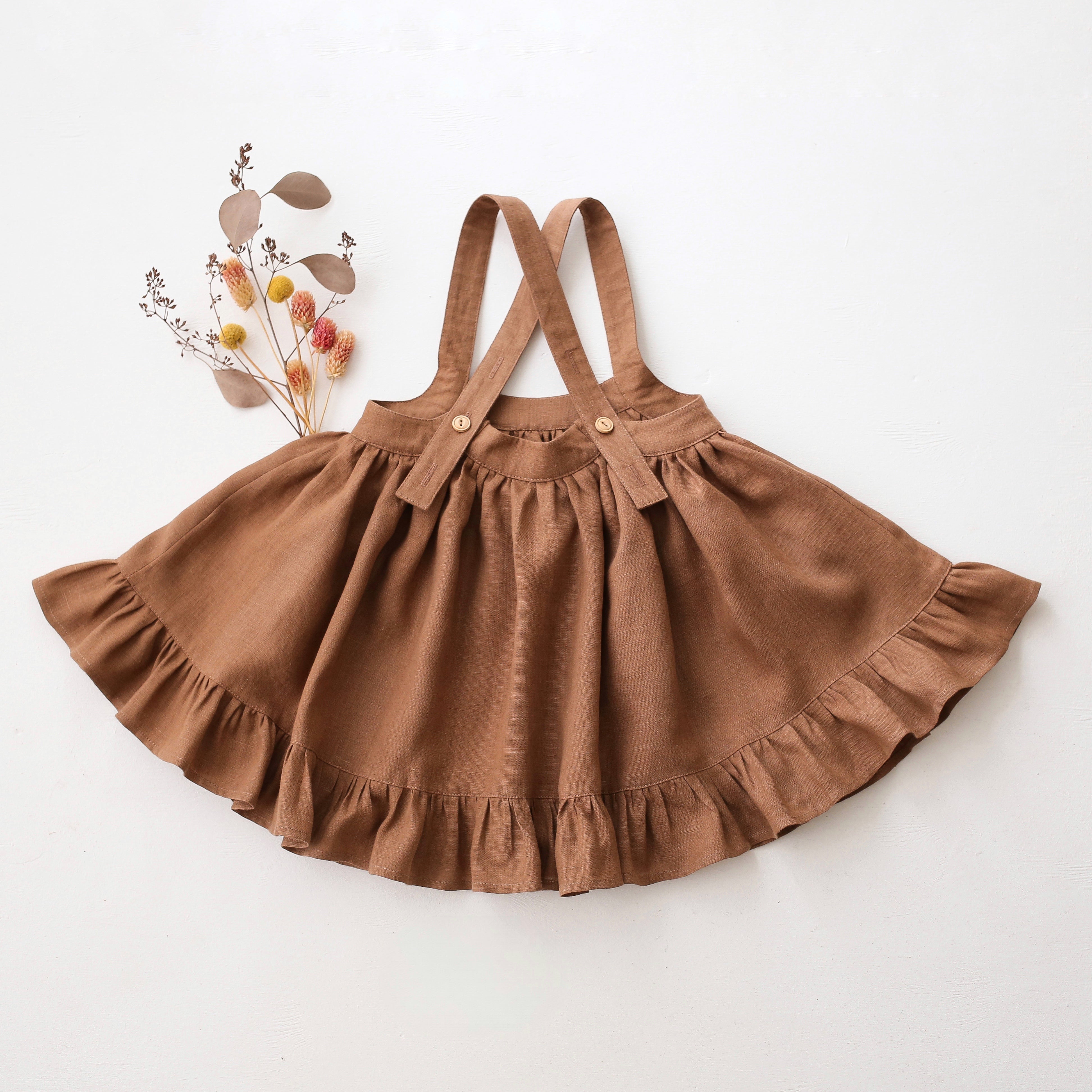 Cocoa Brown Linen Straps Pinafore with Frills with “Tiny Mushrooms” Embroidery