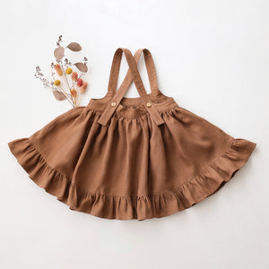 Cocoa Brown Linen Straps Pinafore with Frills with “Tiny Mushrooms” Embroidery