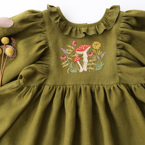 Pine Linen Puff Sleeve Ruffle Collar Dress with “Herbs & Mushrooms” Embroidery