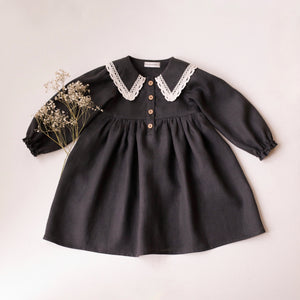 Black Linen Long Sleeve Pointed Collar Dress with Lace