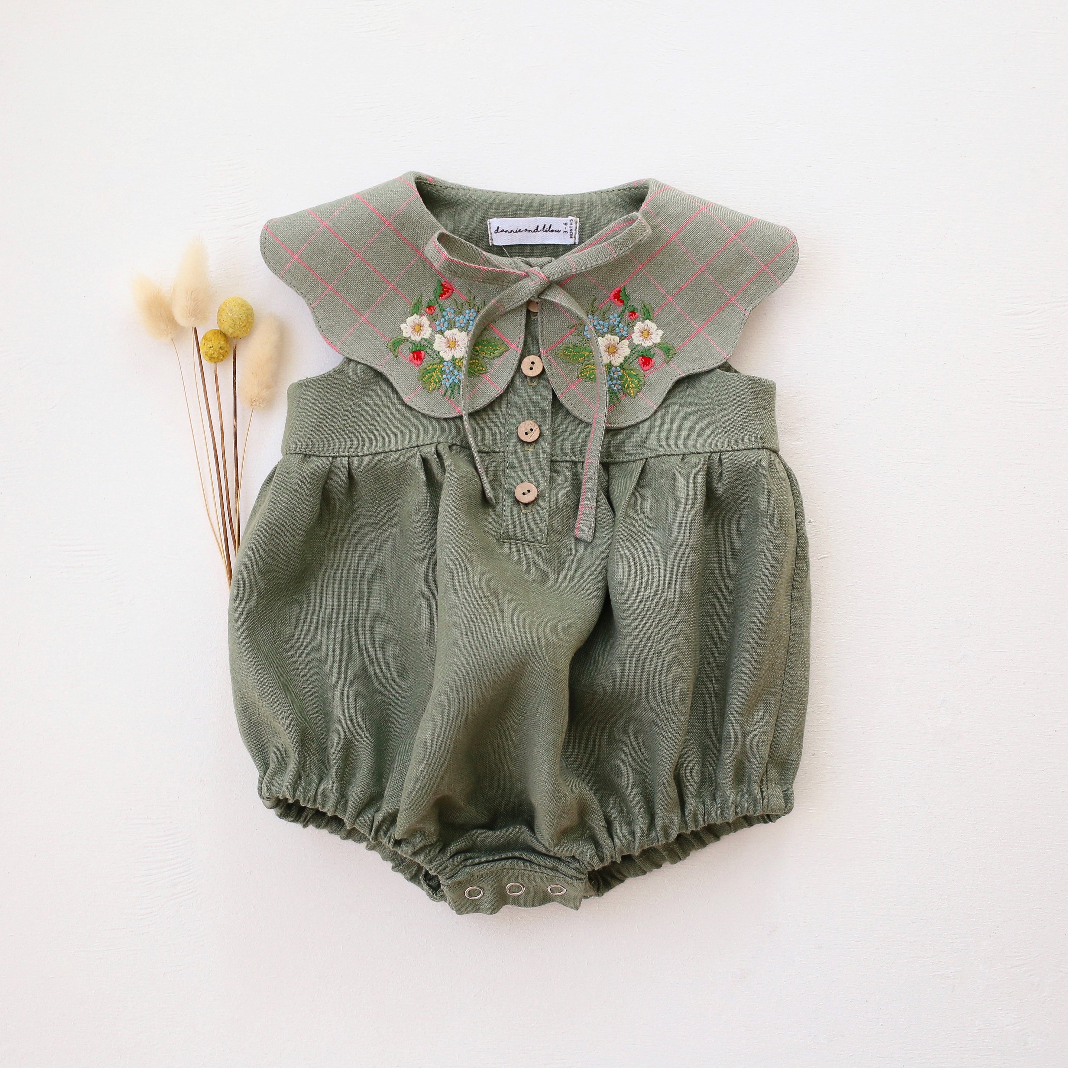 Olive Linen Bubble Playsuit with Petal Collar in Mint & Pink Check Linen with "Strawberry Bouquet" Embroidery