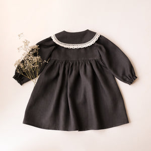 Black Linen Long Sleeve Pointed Collar Dress with Lace
