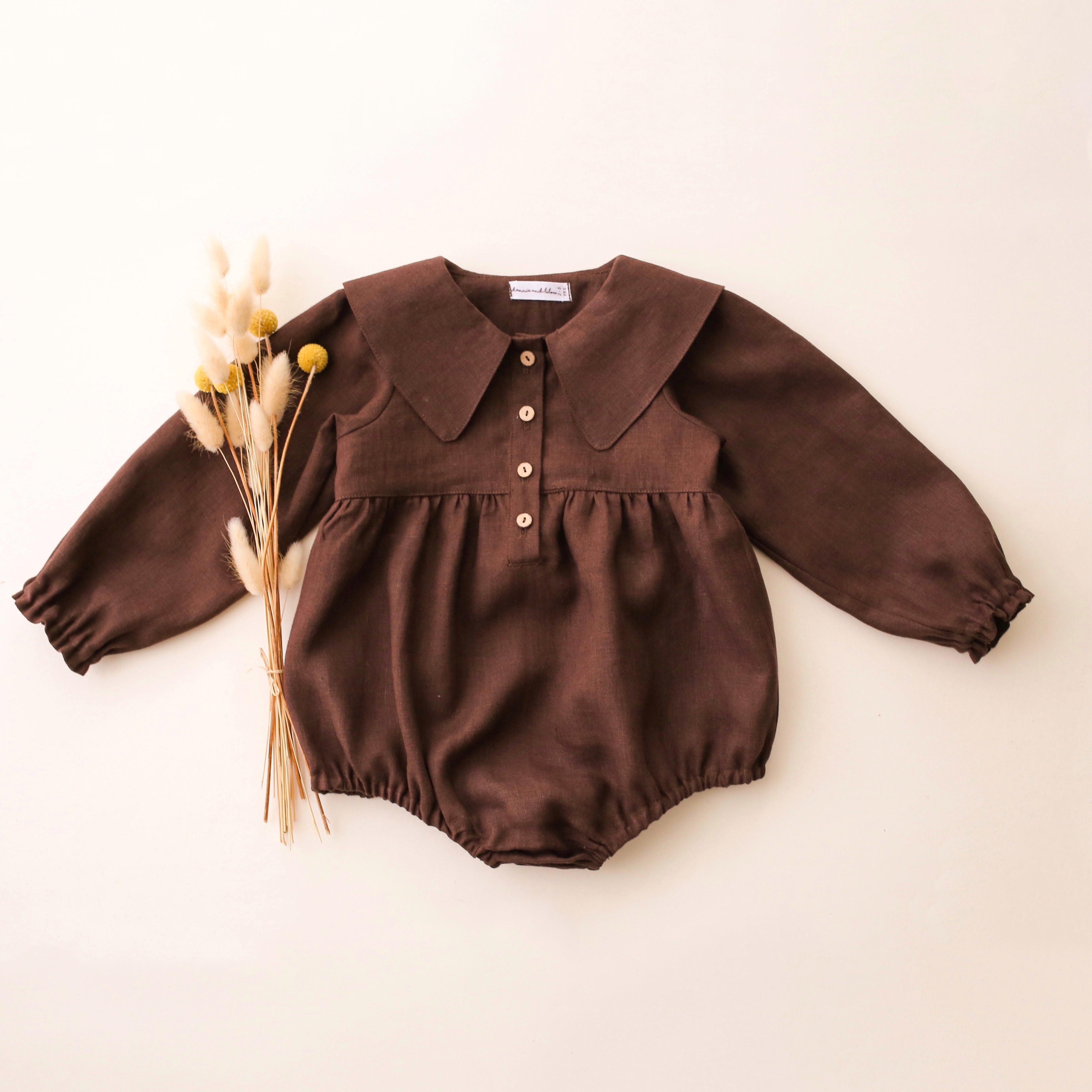Dark Brown Linen Long Sleeve Pointed Collar Bubble Playsuit