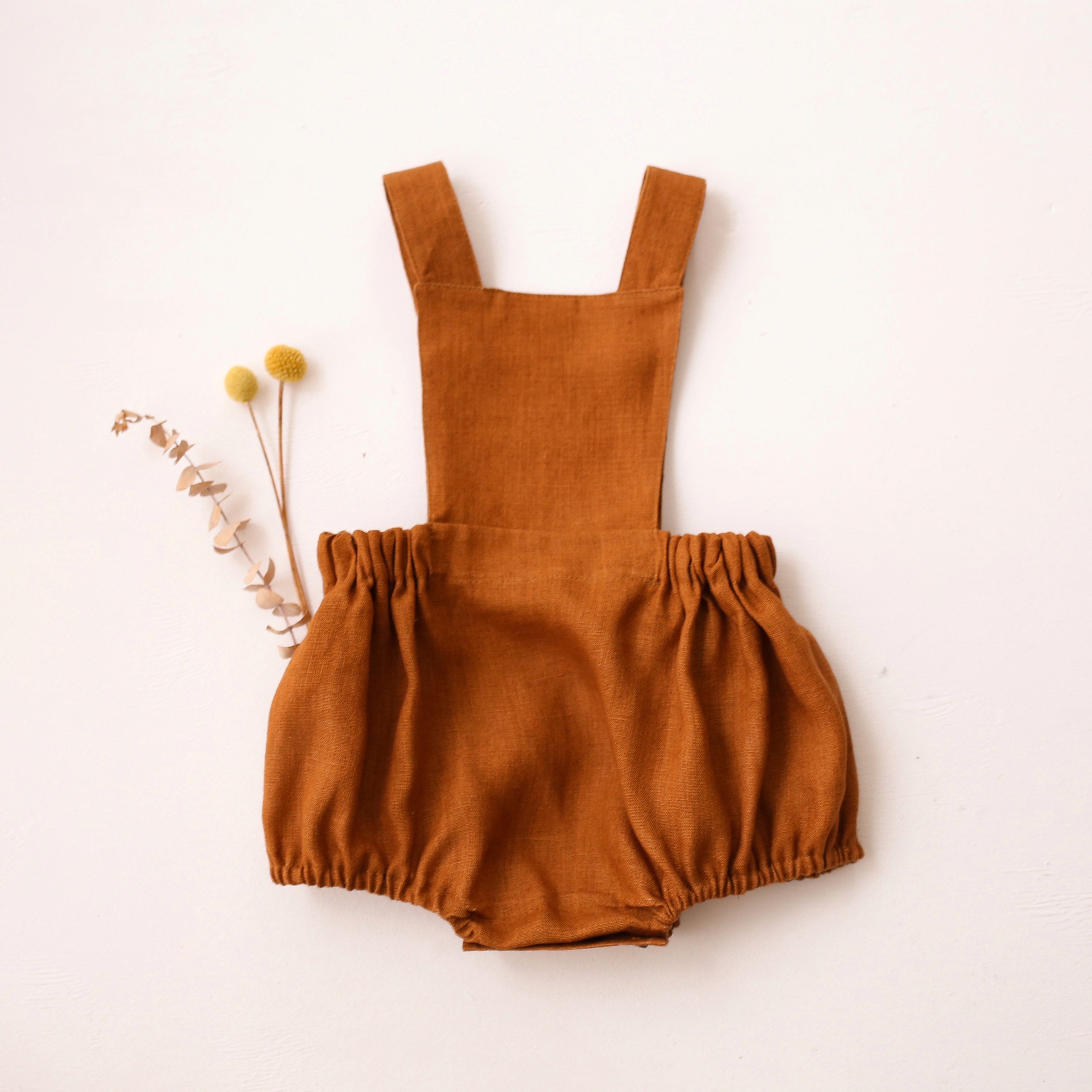 Burnt Orange Linen Pinafore Romper with “Fox with Pinecone” Embroidery