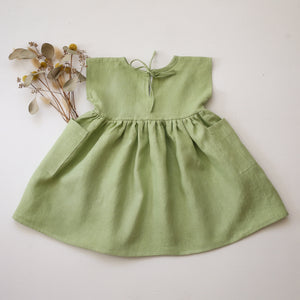 Spring Green Linen Dolman Style Dress with “Chamomile Flowers” Embroidery