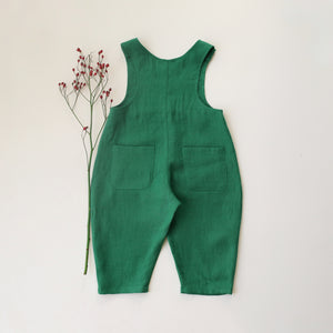 Emerald Green Linen Oversized Look Overalls with "Christmas Fox" Embroidery