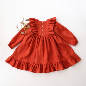 Paprika Linen Long Sleeve Ruffle Dress with "Pastel Meadow" Embroidery