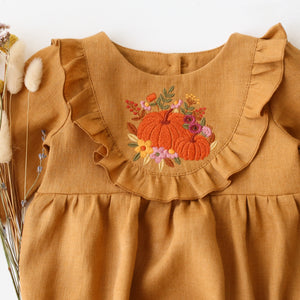 Mustard Linen Long Sleeve Ruffled Bodice Bubble Playsuit with “Floral Pumpkin” Embroidery