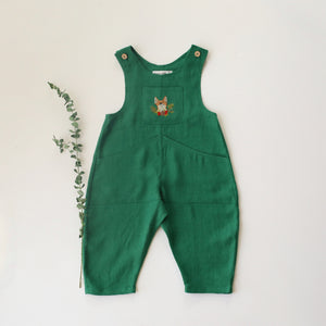 Emerald Green Linen Oversized Look Overalls with "Christmas Fox" Embroidery