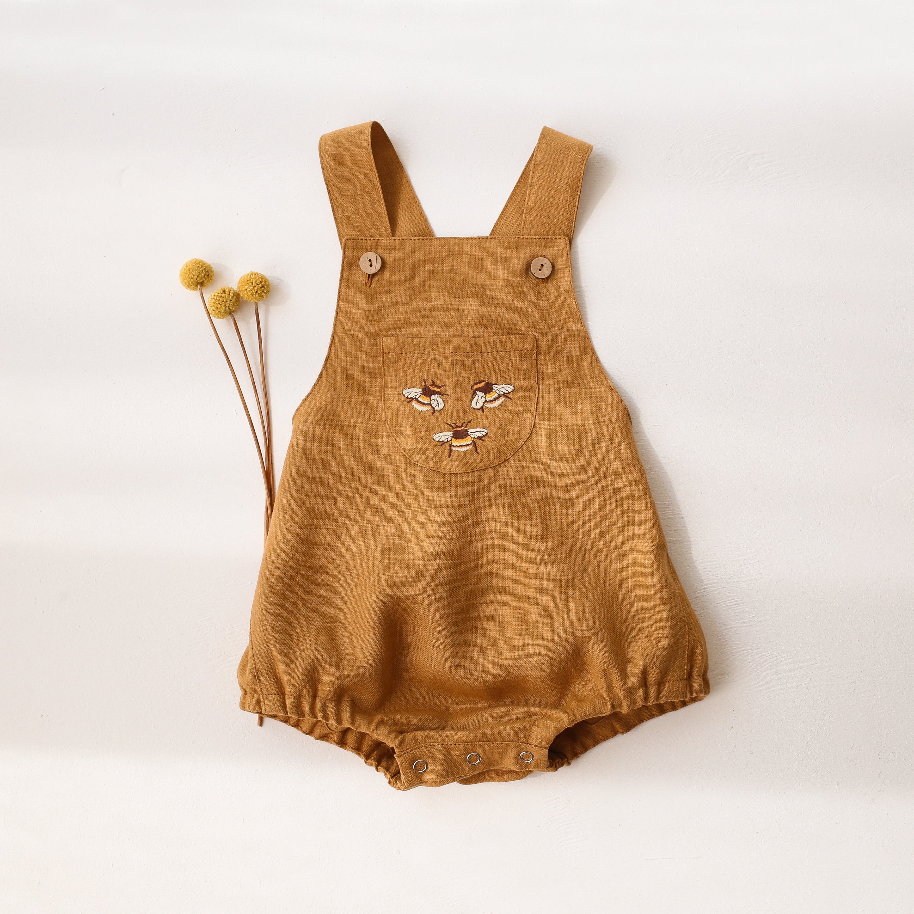 Mustard Linen Front Pocket Straps Romper with "3 Bumblebees" Embroidery