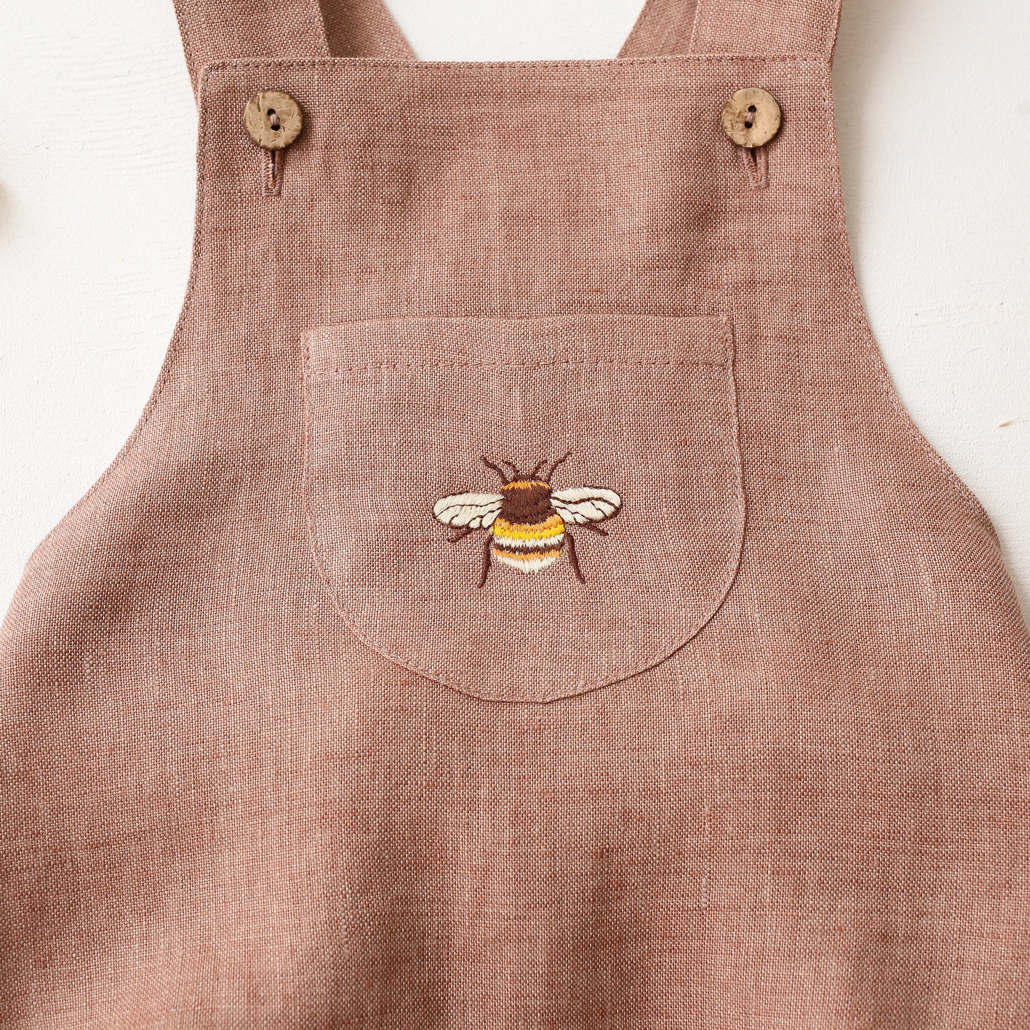 Rose Smoke Linen Front Pocket Straps Romper with "Bumblebee" Embroidery