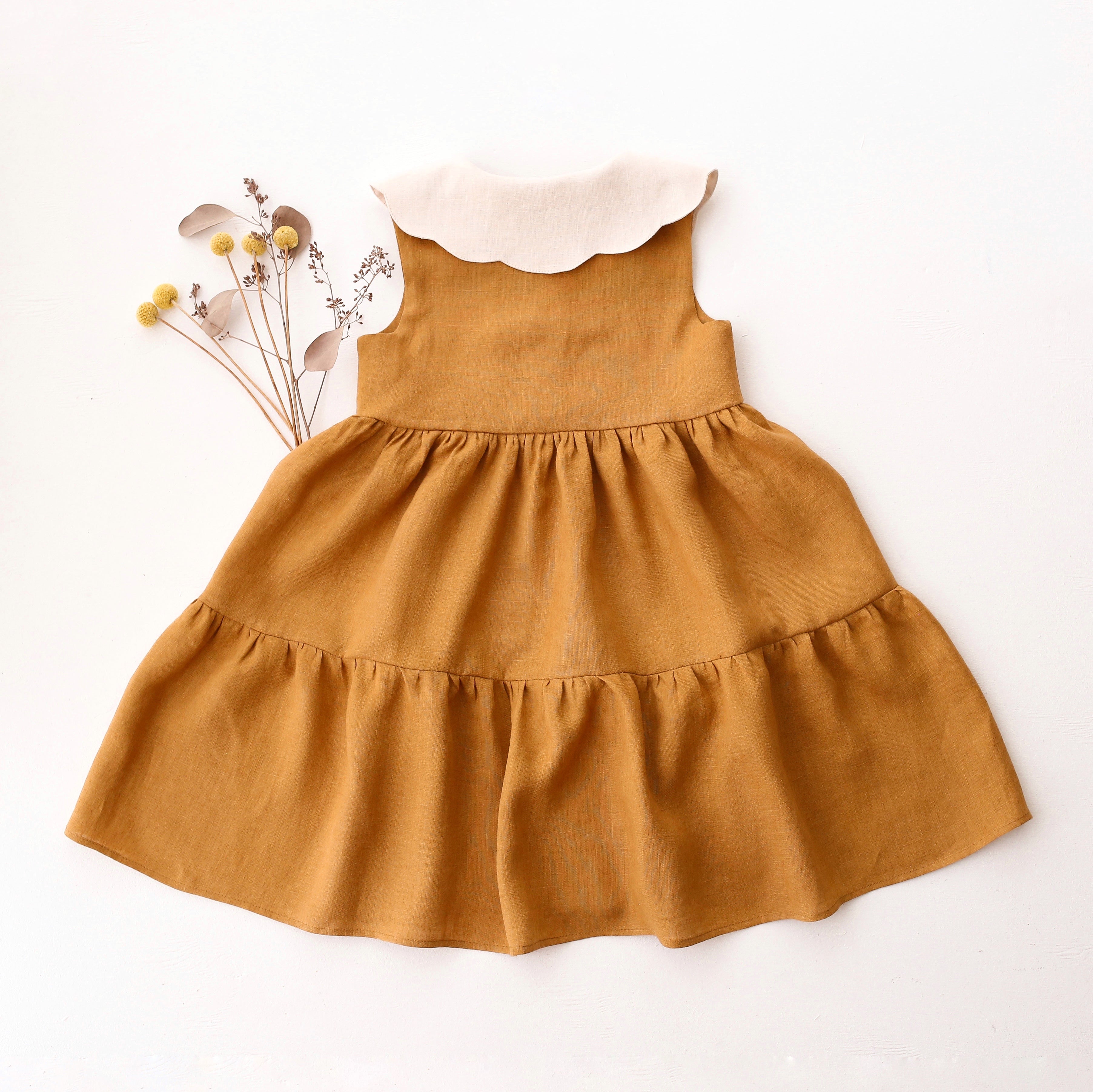 Mustard Linen Tiered Dress with Petal Collar in Ivory Linen with "3 Bumblebees" Embroidery