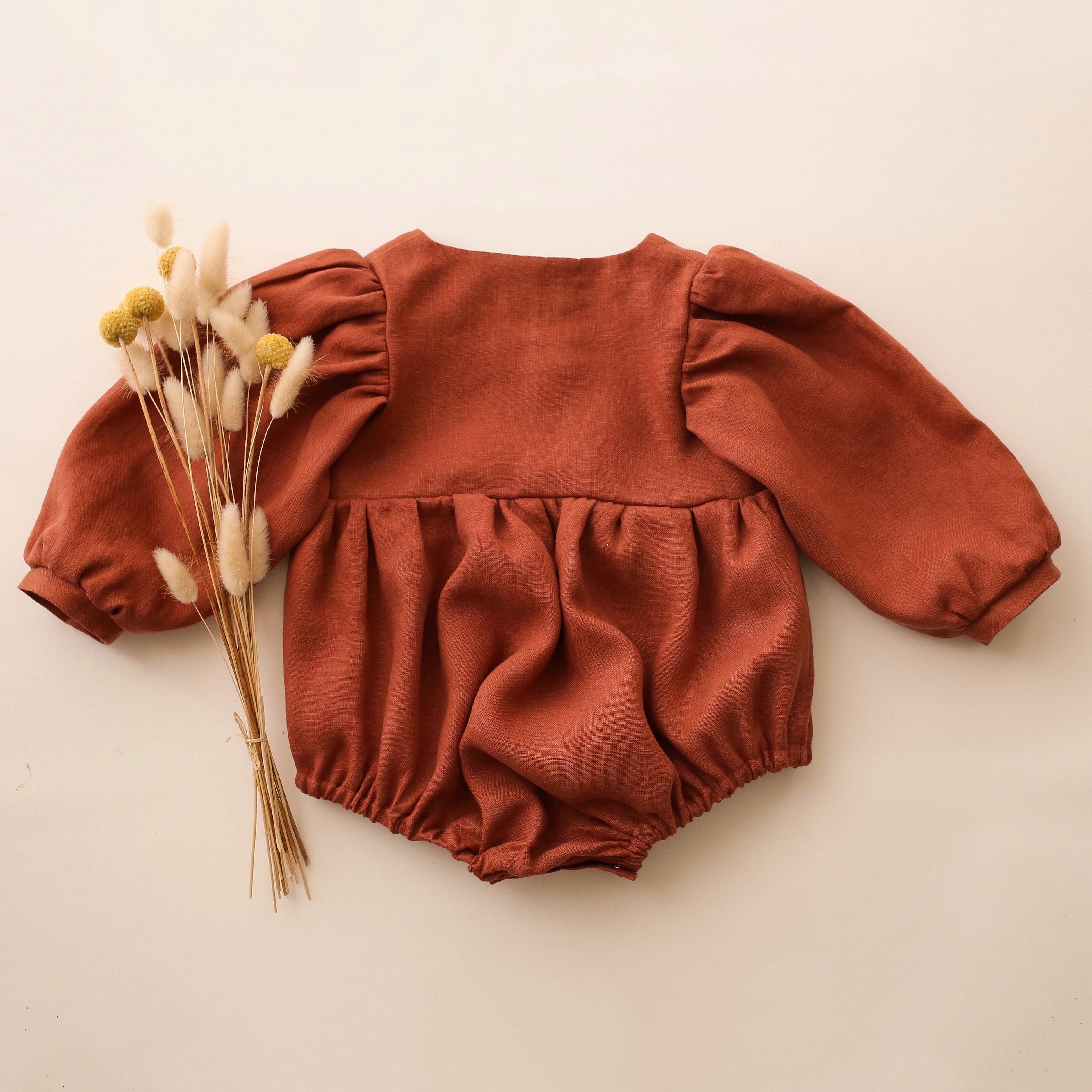 Rust Linen Long Sleeve Button Front Bubble Playsuit with V-Shaped Neckline