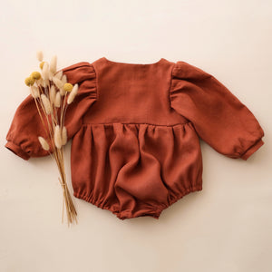 Rust Linen Long Sleeve Button Front Bubble Playsuit with V-Shaped Neckline