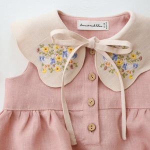 Powder Linen Bubble Playsuit with Petal Collar in Ivory Linen with "Geese in Flowers" Embroidery