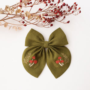 Embroidered Hair Bow with "Tiny Mushrooms" Embroidery in Pine Linen