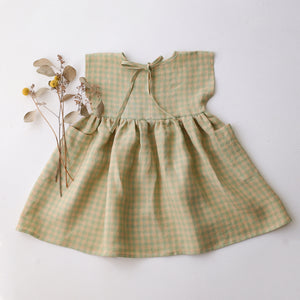 Green Gingham Linen Dolman Style Dress with “Meadow Flowers with Bee” Embroidery