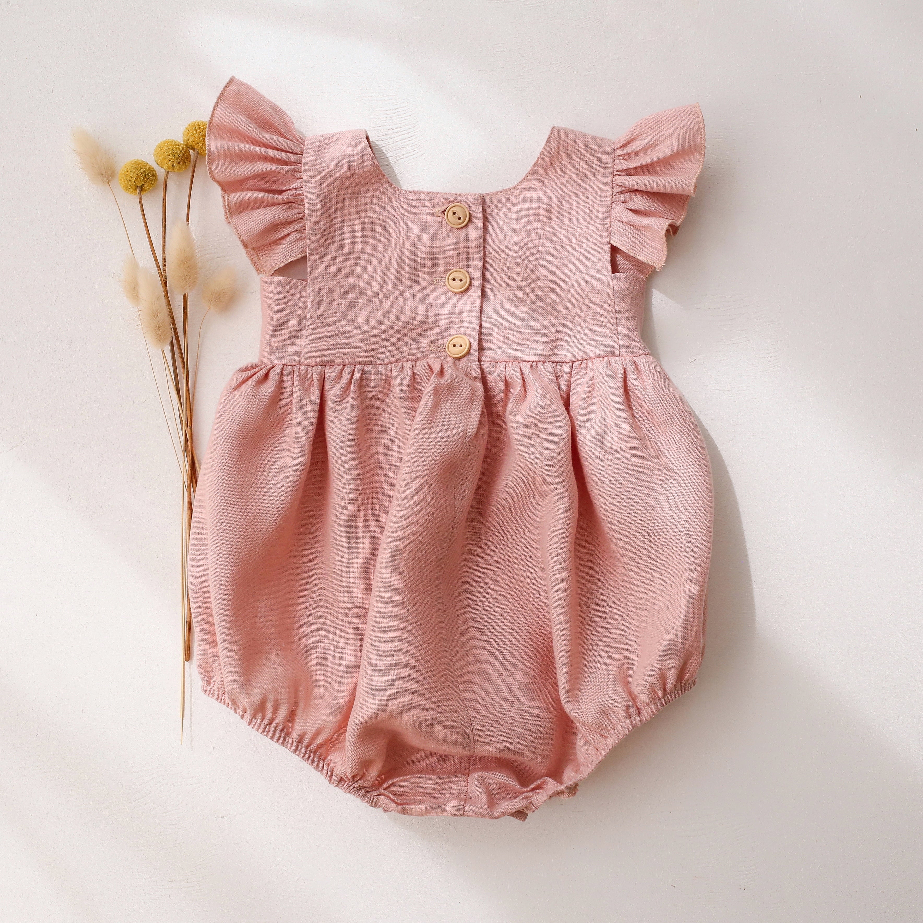 Powder Linen Flutter Sleeve Square Neckline Bubble Playsuit with "Bunny in Flowers" Embroidery