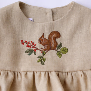 Melon Linen Flounce Sleeve Bubble Playsuit with “Squirrel on the Berry Branch” Embroidery